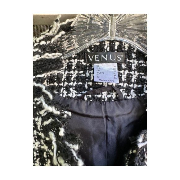 Venus Longline Boucle Knit Blazer Jacket Monochrome Fringe Collar & Cuffs Sz 6 - Picture 3 of 9